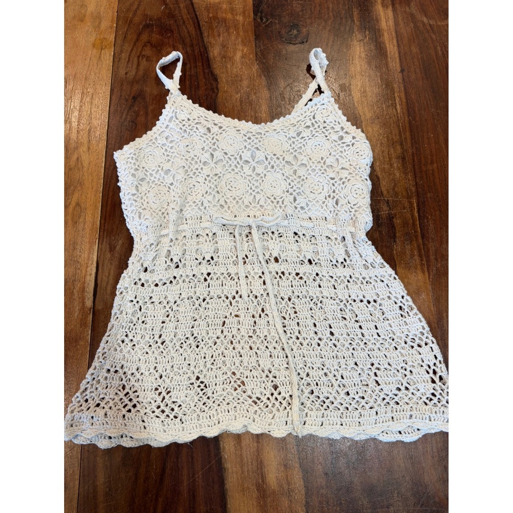 Cream crochet boho cami tank top ramie cotton floral knit sleeveless sz small